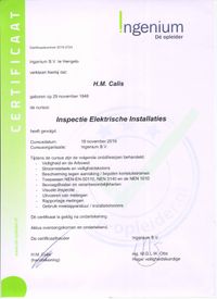 Certificaat Inspecties NEN1010 - NEN3140 Calis Meetdiensten
